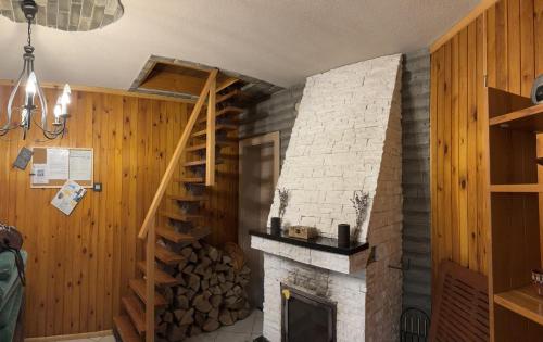 a room with a fireplace and a wooden wall at Chata Janik DUCHONKA in Duchonka