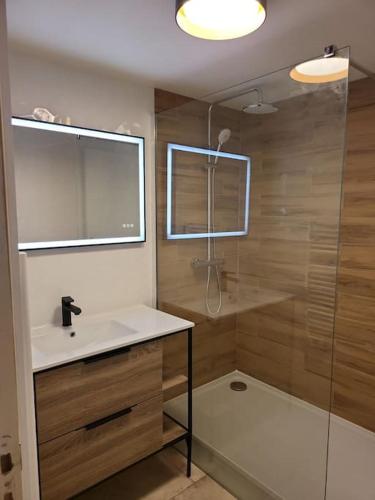 une salle de bain avec un lavabo et une douche dans l'établissement Maison de vacances, à La Cotinière