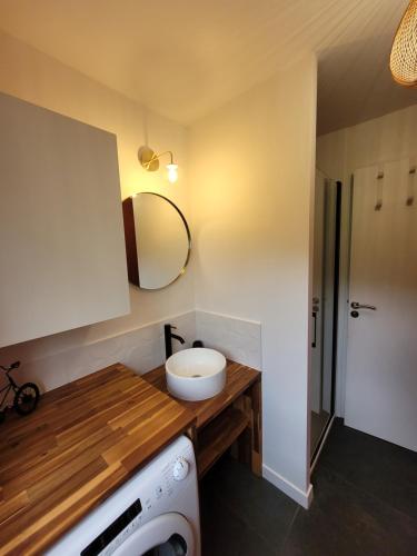 une salle de bain avec un lavabo et une machine à laver dans l'établissement Appartement avec vue mer 3 étoiles, à Paimpol