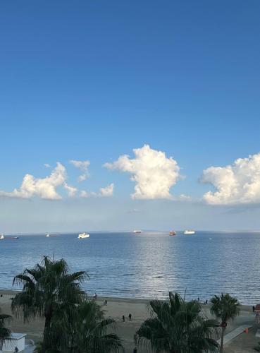 a beach with palm trees and boats in the water at Krasas Beach in Larnaka