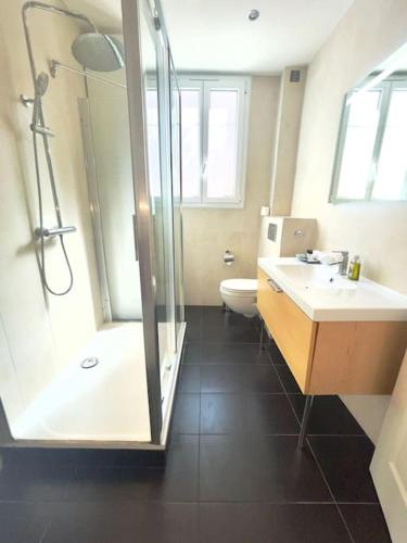 une salle de bain avec une douche, un lavabo et des toilettes dans l'établissement Le Canada - 2Pièces Croisette plage derrière le Carlton calme, à Cannes