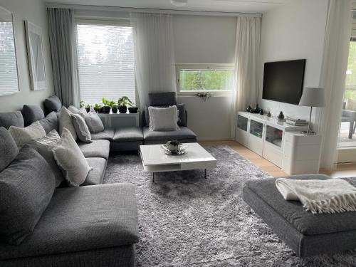 a living room with a couch and a tv at Upea 117,5m2 huoneisto Helsingin keskustassa in Helsinki