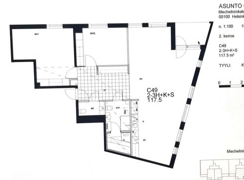 uma planta de uma casa em Upea 117,5m2 huoneisto Helsingin keskustassa em Helsinque