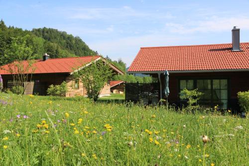 un campo de flores frente a una casa en Chalets & Apartments Beim Waicher en Ruhpolding