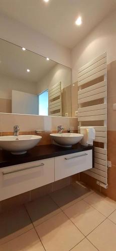 une salle de bain avec deux lavabos et un grand miroir dans l'établissement MARINA ILE ST MARTIN Joli 4 pièces avec jacuzzi Cap d'Agde, au Cap d'Agde