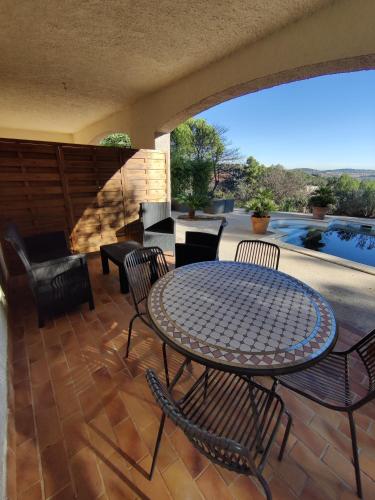 a patio with a table and chairs and a pool at appartement indépendant avec vue panoramique in Combaillaux