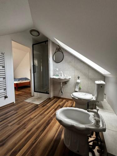 uma casa de banho com um lavatório e um WC em Agroturystyka E.KO 