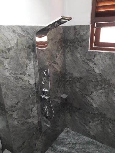 a shower in a bathroom with a stone wall at Harmonic villa in Weligama