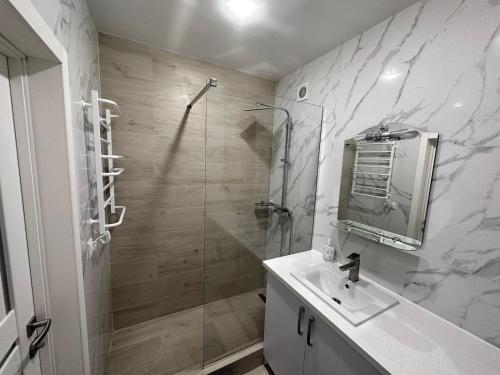 La salle de bains est pourvue d'un lavabo et d'une douche en verre. dans l'établissement ApartPlus Truskavets - Затишні апартаменти, à Trouskavets