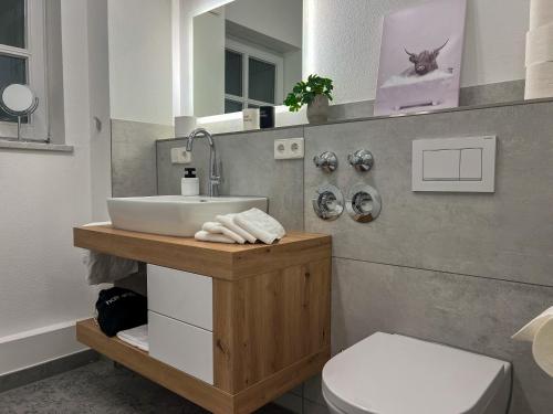 Ferienhaus Goldstück im Allgäu في كاوفبويرن: حمام مع حوض ومرحاض