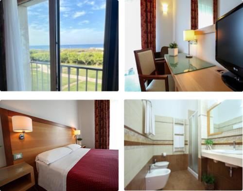 a collage of three pictures of a hotel room at Hotel Scoglio Degli Achei in Torre Santa Sabina