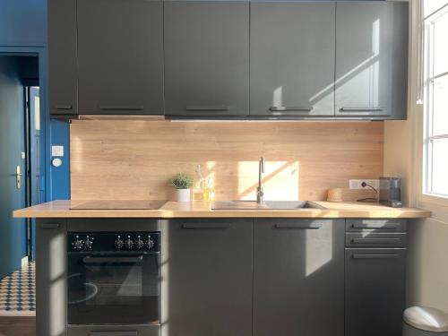a kitchen with gray cabinets and a sink and a stove at Eden Blue charmant appartement proche centre avec Garage Gratuit in Nantes
