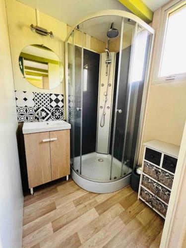La salle de bains est pourvue d'une douche et d'une cabine de verre. dans l'établissement Chalet au calme à Sagone en Corse, à Sagone