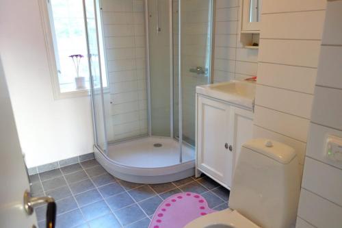 a bathroom with a shower and a toilet at Flørli 4444 Lysefjorden - Director's residence in Sandnes