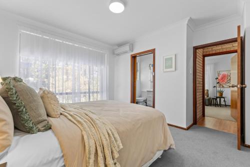 1 dormitorio con cama y ventana grande en Diamond Lake Escape en Collie