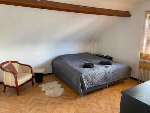 1 dormitorio con 1 cama y 1 silla en Perk25A, en Steenokkerzeel