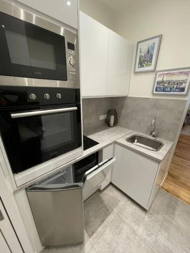 une petite cuisine avec un évier et un micro-ondes dans l'établissement Brand new flat Eiffel Tower, à Paris