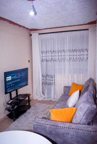- un salon avec un canapé et une télévision dans l'établissement muindi homes, à Kitui