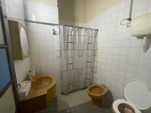 a bathroom with a toilet and a sink and a shower at Centro Asuncion departamento confortable in Asunción