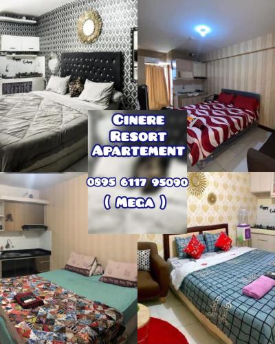 un collage de quatre photos d'une chambre dans l'établissement Megaroom Cinere Resort Apartment, à Gandul