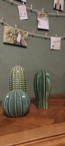 two green vases sitting on top of a wooden floor at F2, entièrement neuf, 65m² in Montceau-les-Mines
