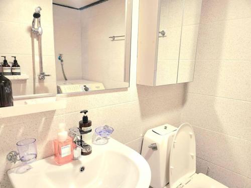 a bathroom with a sink and a toilet and a mirror at Seokchon Aerak in Seoul