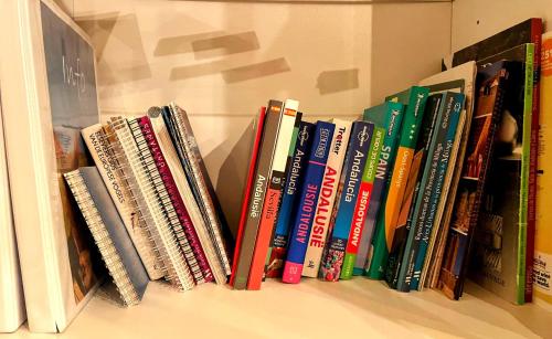 a row of books sitting on a shelf at La Sorpresa in Valle de Abdalagís