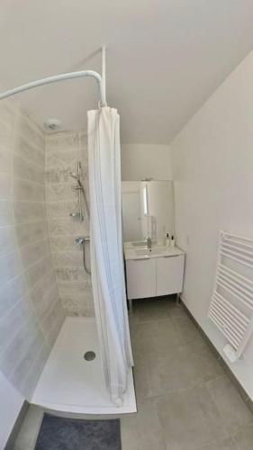 une salle de bain blanche avec une douche et un lavabo dans l'établissement La Vauréenne - Maison Chaleureuse avec parking, à Lavaur