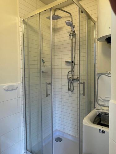 a shower with a glass door in a bathroom at Apartament Central Sopot in Sopot