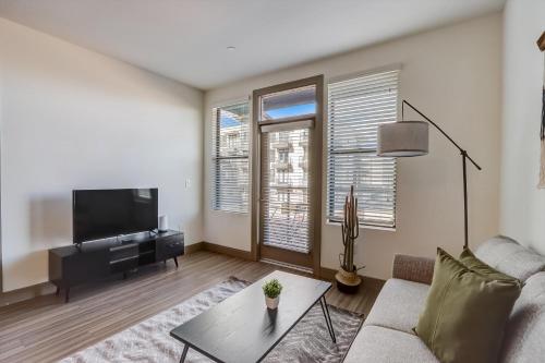 a living room with a couch and a tv at Modern CozySuites on the Town Lake waterfront 17 in Tempe