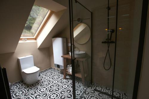 a bathroom with a toilet and a glass shower at Penzion Mezi lesy in Nové Hutě
