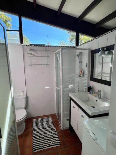 une salle de bain avec toilettes, lavabo et douche dans l'établissement La Girolle, à Lège-Cap-Ferret