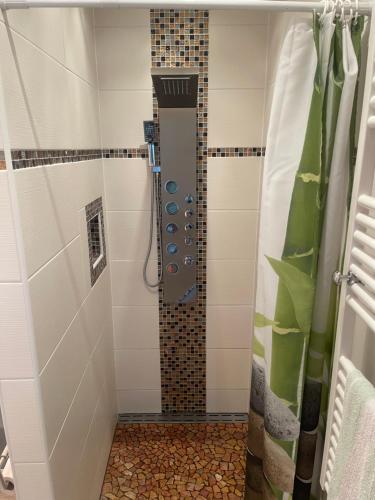 a shower in a bathroom with a shower curtain at Zimmervermietung Ausspannen bei Fam Pertiller in Breese