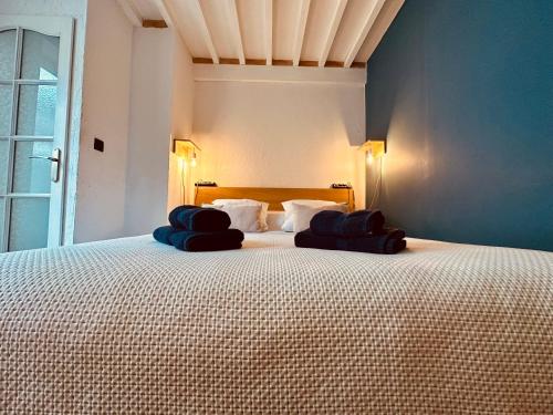 une chambre avec un grand lit avec deux oreillers dessus dans l'établissement Appartement de Charme avec Balcon - Villa les IRIS, à Dunkerque