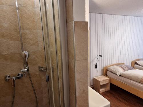 a bathroom with a shower with a bed and a sink at Le Catogne in Orsières