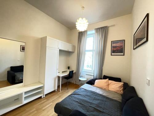 ein Schlafzimmer mit einem Bett und einem Schreibtisch. in der Unterkunft Cosy apartment on metro Muzeum - Grand Canyon in Prag