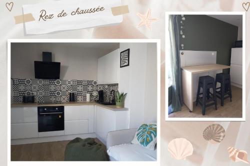 deux photos d'une cuisine avec une table et un comptoir dans l'établissement Maisonnette proche mer 4 pers, à Courseulles-sur-Mer