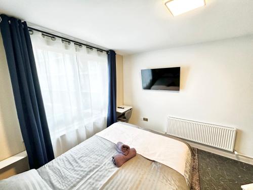 misia siedzącego na łóżku w sypialni w obiekcie Modern 2Bedroom Oasis near Dublin city centre & Airport w Dublinie