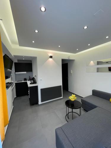 a living room with a couch and a kitchen at MoonYellow - Basel - AirPort - HighQuality in Saint-Louis