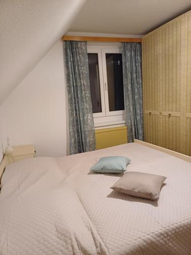 a bedroom with a large bed with two pillows on it at Ferienhaus Häusler 