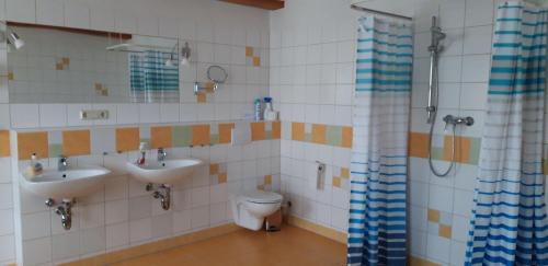 a bathroom with two sinks and a toilet at 130qm-grosse-Ferienwohnung-am-Naturschutzgebiet-15-Min-bis-zum-Stettiner-Haff-PKW in Bugewitz