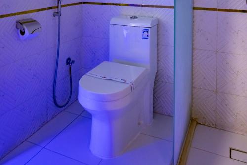 a white toilet in a bathroom with a shower at Odst Al Madinah Hotel in Medina