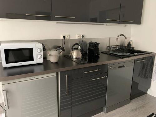 une cuisine avec un micro-ondes et un plan de travail dans l'établissement Joli T2 jardin parking proche gare centre ville, à Dijon