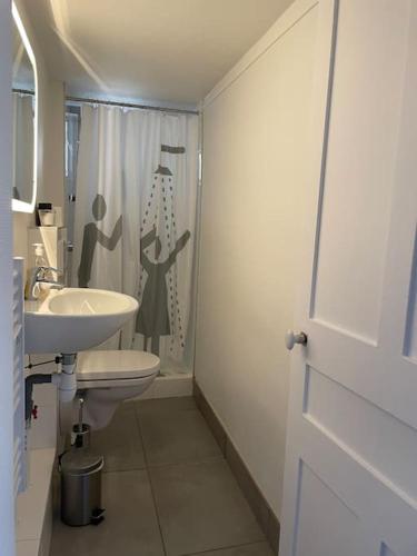 une salle de bain avec un lavabo et un rideau de douche dans l'établissement Joli T2 jardin parking proche gare centre ville, à Dijon