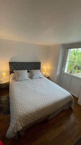 une chambre avec un lit et une fenêtre dans l'établissement Joli T2 jardin parking proche gare centre ville, à Dijon