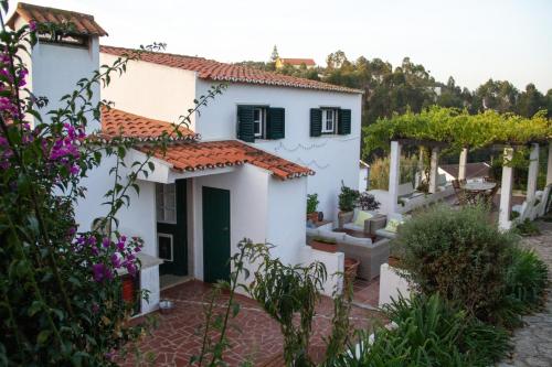 Biały dom z ogródkiem z fioletowymi kwiatami w obiekcie Villa Quinta Sto Antonio w mieście Santo Isidoro
