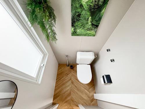 a bathroom with a toilet in the attic of a house at Ocean Garden Chalet Renesse in Renesse