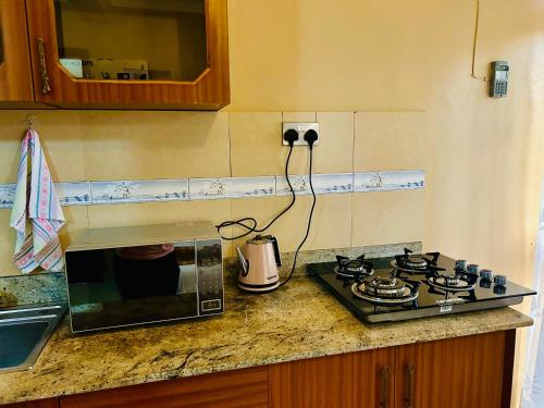 a kitchen counter with a stove and a microwave at Casa Mia BnB in Kampala