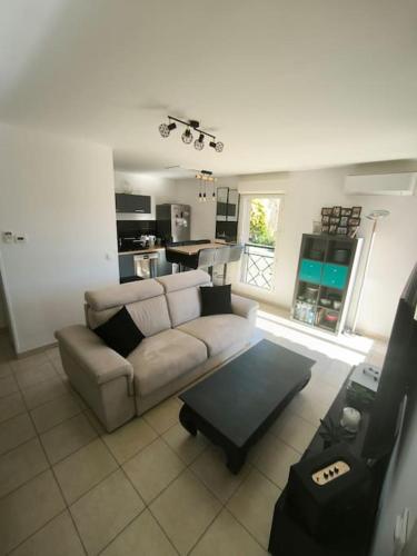 un salon avec un canapé et une table dans l'établissement Appartement T2 entre Roche et Mer, à Roquebrune-sur Argens