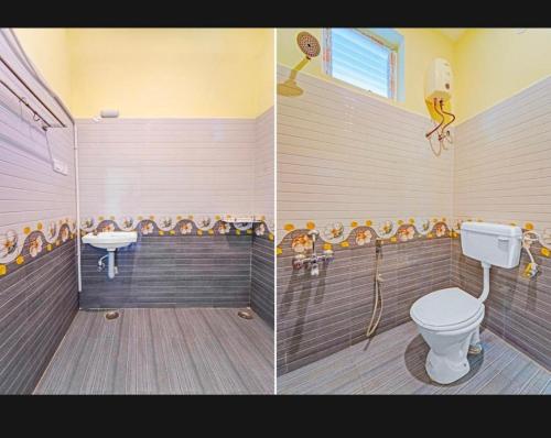two pictures of a bathroom with a toilet and a sink at Visha Park International in Tirupporūr